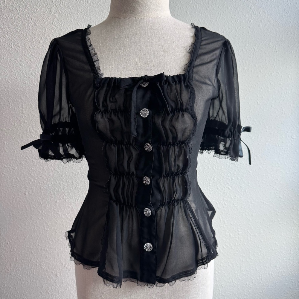 Metamorphose Gothic Lolita Sheer Chiffon Puff Sleeve Corset Top